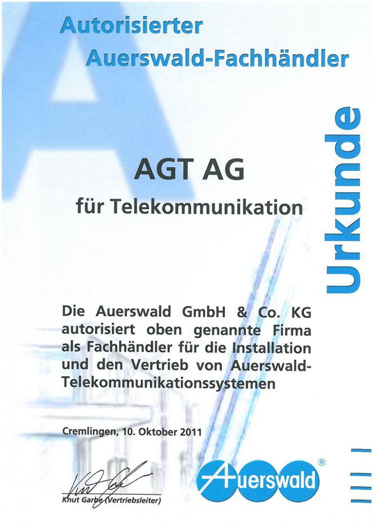 aktiengesellschaft-fuer-telekommunikation_agt_zertifikat_auerswald Zertifikat Auerswald