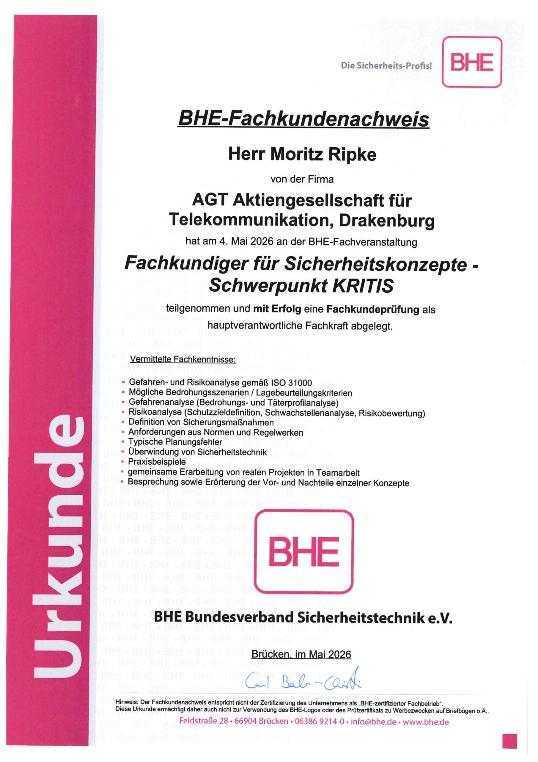 Urkunde BHE-Fackundenachweis für Sicherheitskonzepte Schwerpunkt KRITIS